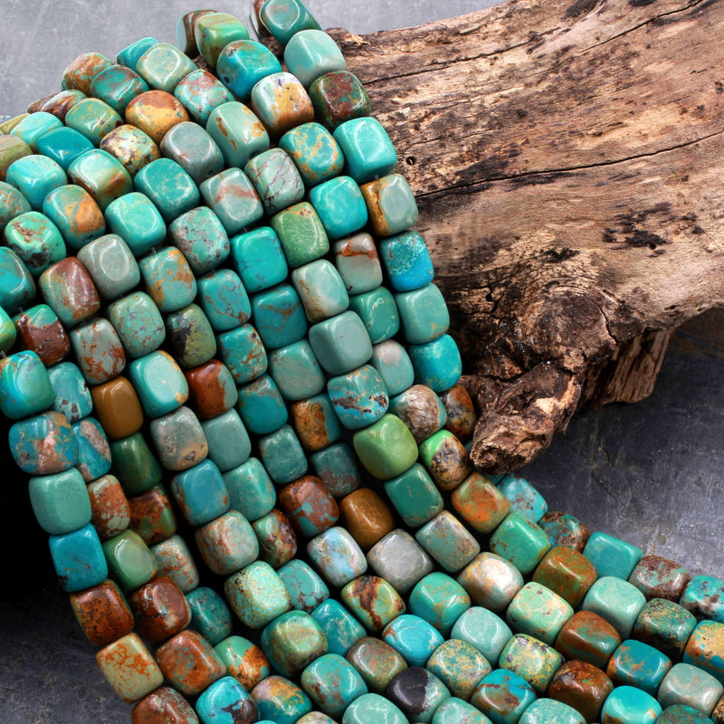 Natural Turquoise 10mm Rectangle Cube Beads Nuggets Highly Polished Genuine Real Stunning Blue Green Brown Turquoise Gemstone 16" Strand