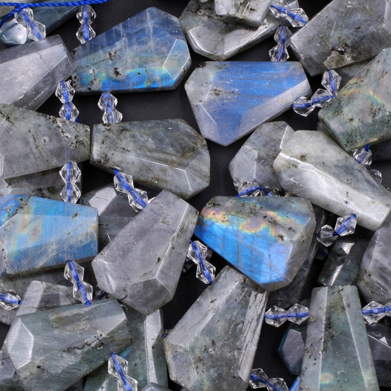 Natural Blue Labradorite Faceted Trapezoid Rectangle Cushion Beads Side Drilled Tapered Teardrop Shape Good for Focal Pendant 16" Strand