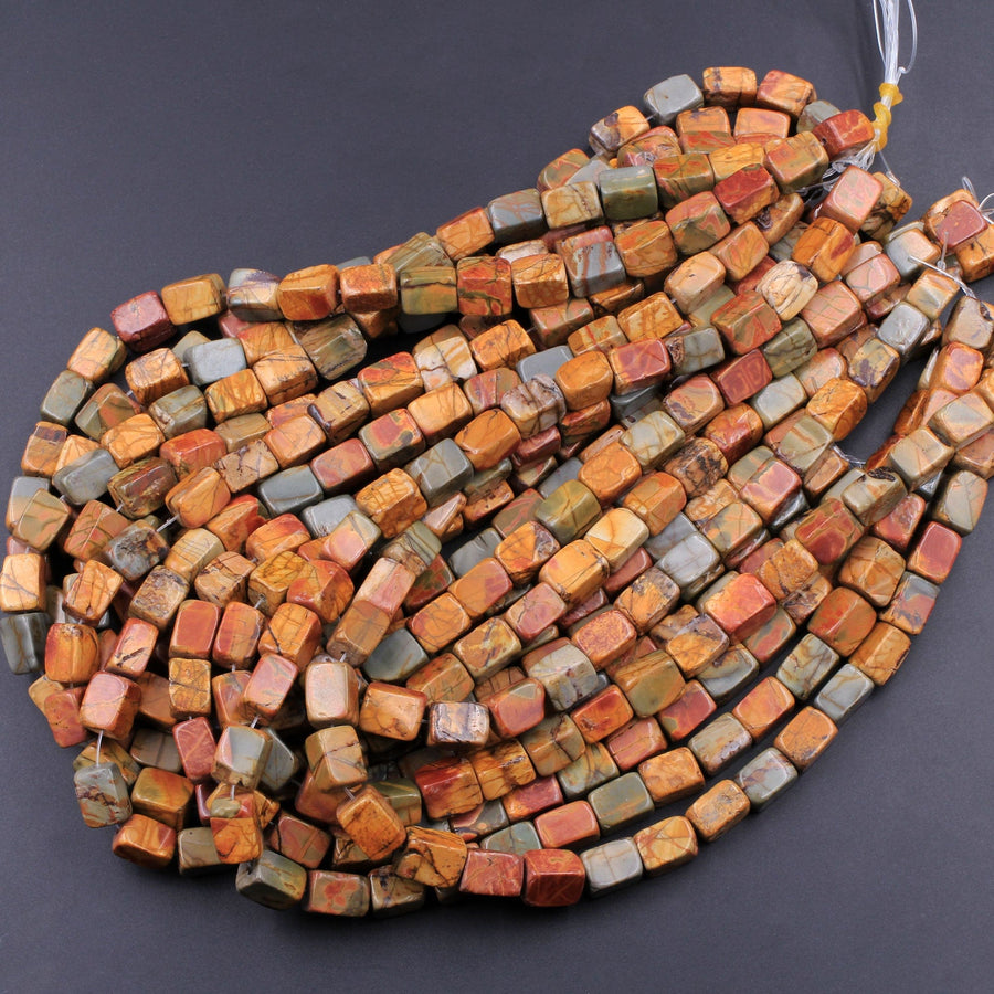 Red Creek Jasper Bead 10x8mm Rectangle Cube Beads Earthy Red Green Yellow Brown Natural Cherry Creek Multicolor Picasso Jasper 16" Strand