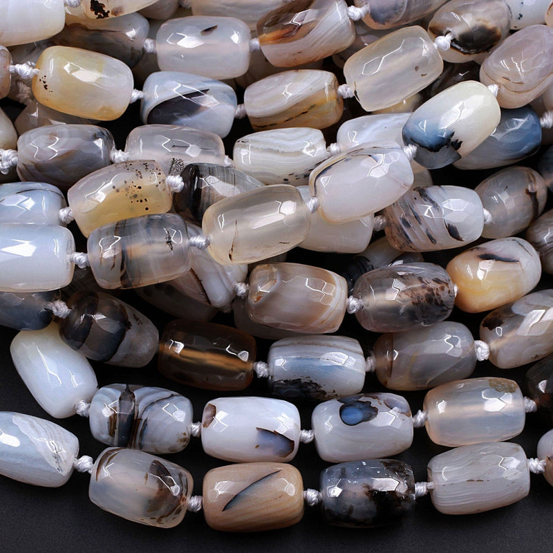 Natural Montana Agate Beads Highly Polished Faceted Barrel Drum Nuggets Amazing Veins Bands High Quality Brown Black White Bead 16" Strand