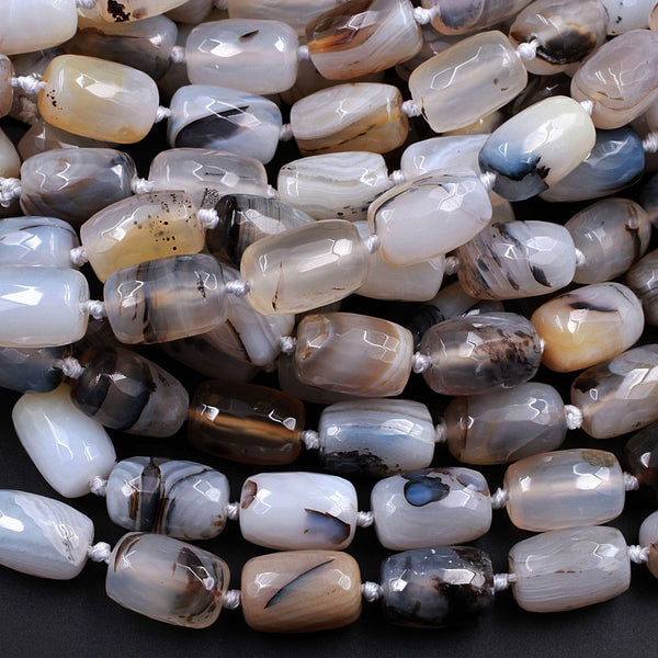 Natural Montana Agate Beads Highly Polished Faceted Barrel Drum Nuggets Amazing Veins Bands High Quality Brown Black White Bead 16" Strand