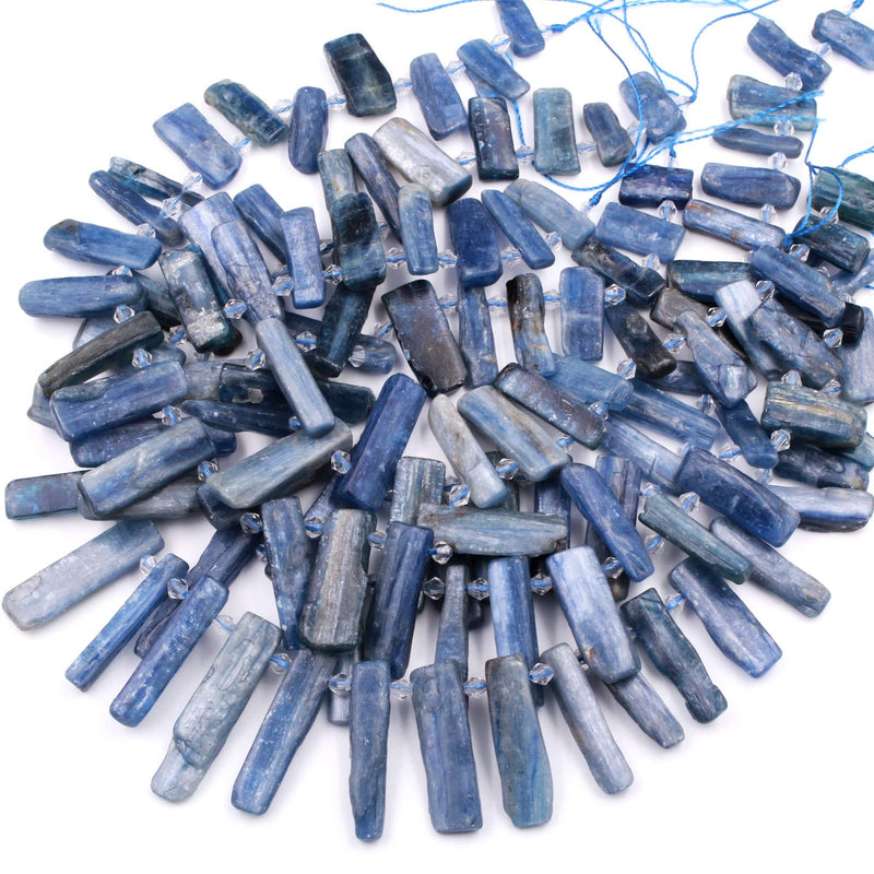 Side Drilled Raw Natural Blue Kyanite Long Rectangle Bead Focal Pendant Freeform Irregular Long Spike Gemstone Beads Rough Cut 16" Strand