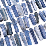 Side Drilled Raw Natural Blue Kyanite Long Rectangle Bead Focal Pendant Freeform Irregular Long Spike Gemstone Beads Rough Cut 16" Strand