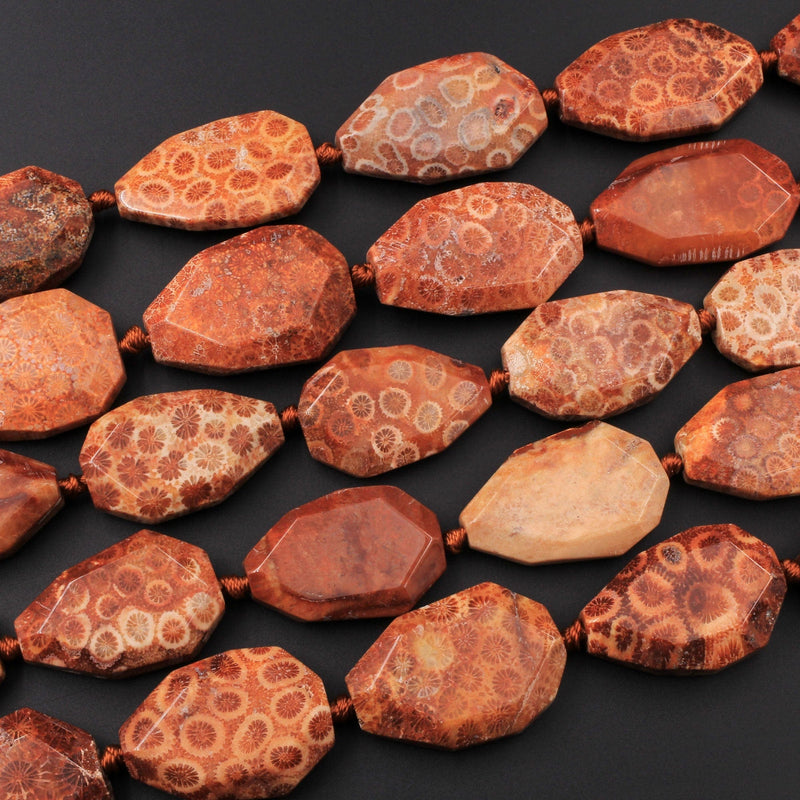Large Faceted Natural Brown Red Indonesian Fossil Coral Beads Chunky Freeform Focal Pendant Nugget 16" Strand