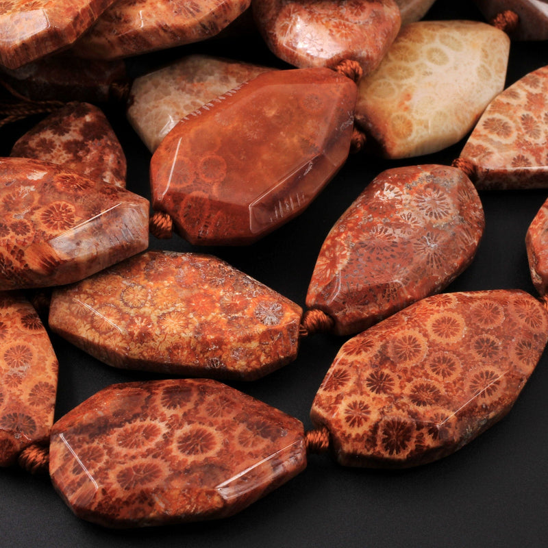 Large Faceted Natural Brown Red Indonesian Fossil Coral Beads Chunky Freeform Focal Pendant Nugget 16" Strand