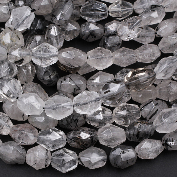 Natural Black Rutilated Quartz Beads Faceted Oval Nugget Black Tourmaline Rutile in Quartz Semi Precious Gemstone 16" Strand