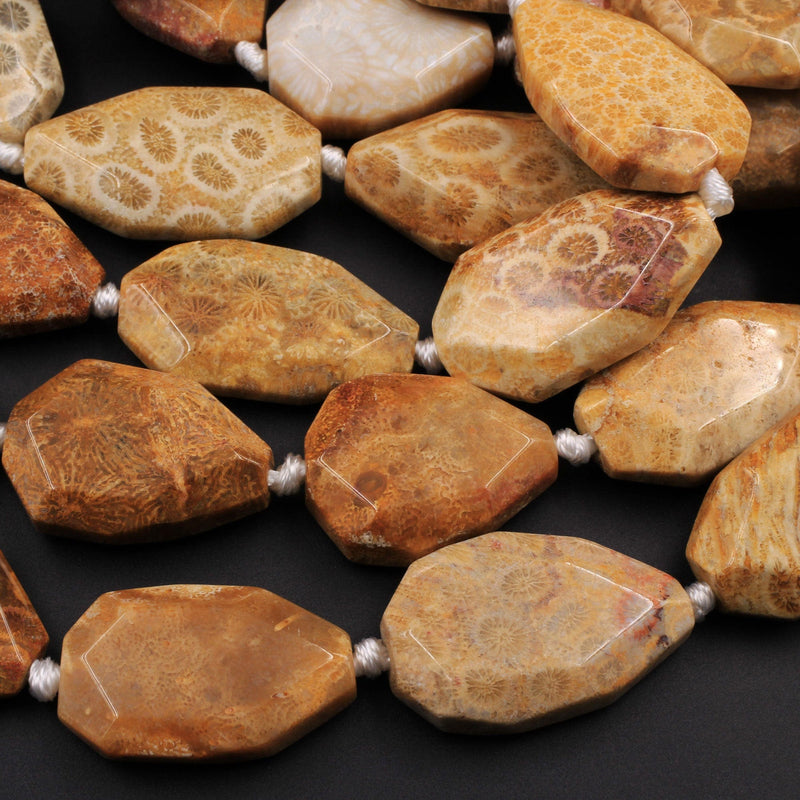 Large Faceted Natural Golden Yellow Indonesian Fossil Coral Beads Freeform Nugget Focal Pendant Beads 15.5" Strand