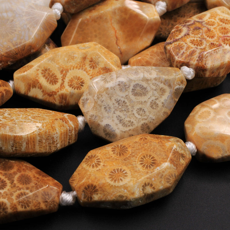 Large Faceted Natural Golden Yellow Indonesian Fossil Coral Beads Freeform Nugget Focal Pendant Beads 15.5" Strand