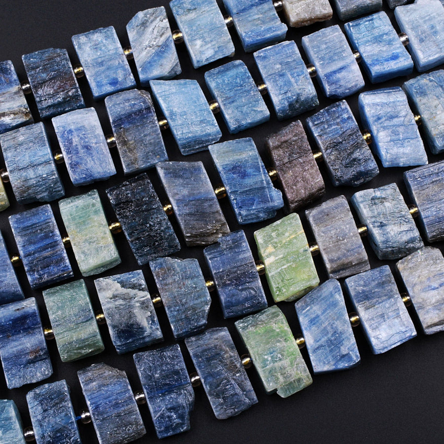 Raw Natural Blue Green Kyanite Rectangle Slice Beads Center Drilled Focal Pendant Quality Gemstone Rough Cut 15.5" Strand