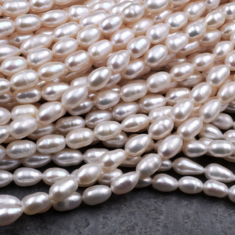 Genuine Freshwater White Pearl Oval Rice Shape 8mm Iridescent High Luster 16" Strand