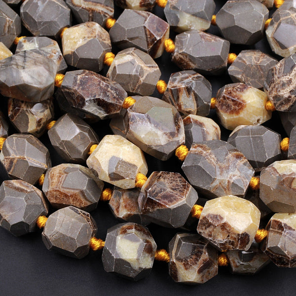 Natural Utah Septarian Beads Large Chunky Faceted Nugget Beads Irregular Freeform Octagon Square Nodule Yellow Brown Gray Jasper 16" Strand