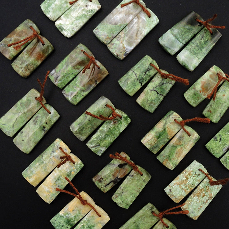 Natural African Green Chrysoprase Earring Pair Flat Short Rectangle Cabochon Cab Pair Drilled Matched Gemstone Bead Pair