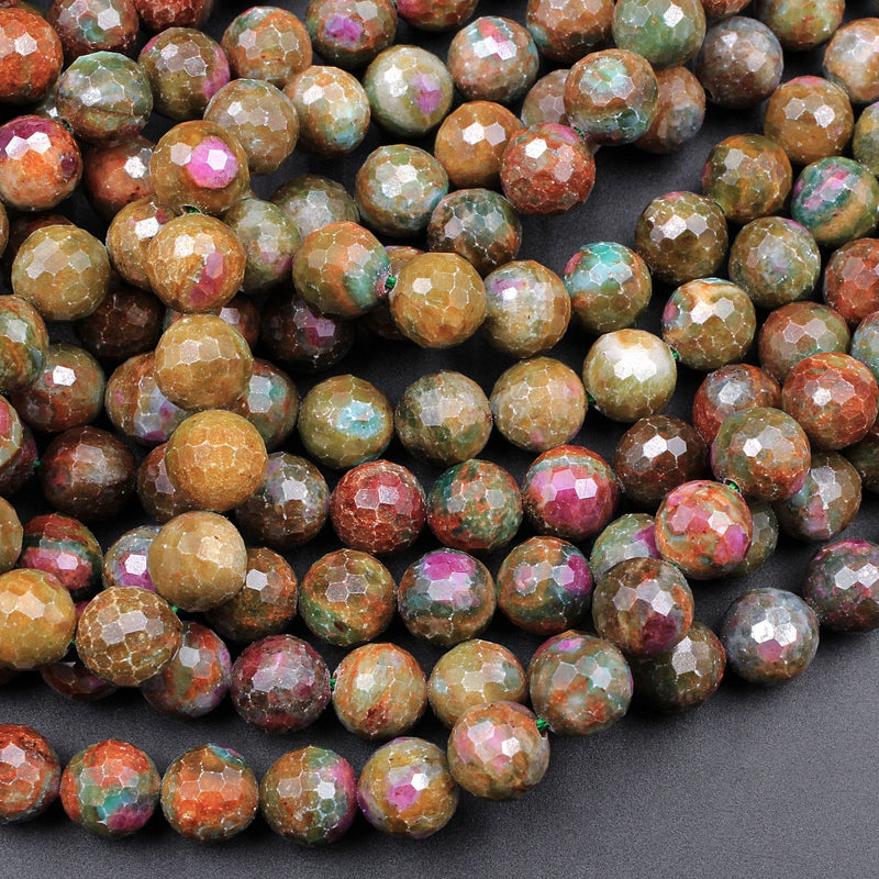 Natural Ruby Fuchsite Faceted 6mm 7mm 8mm Round Beads Red Ruby Brown Fuchsite Gemstone Fuschite 16" Strand