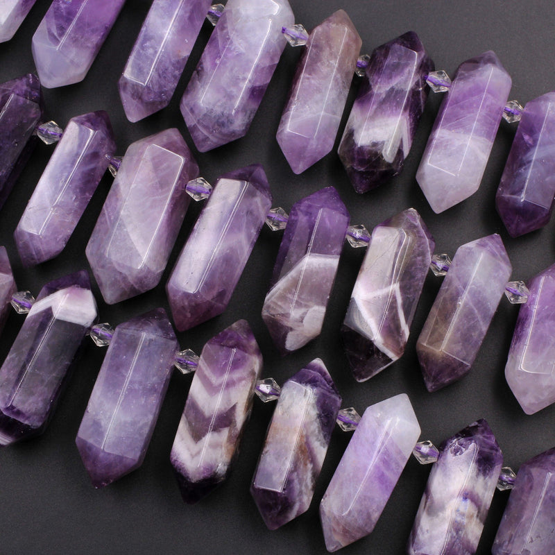 Natural Purple Chevron Amethyst Faceted Double Terminated Pointed Side Drilled Large Healing Amethyst Crystal Focal Pendant 16" Strand