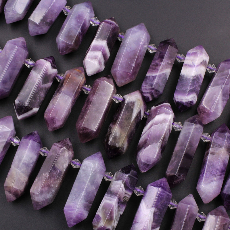 Natural Purple Chevron Amethyst Faceted Double Terminated Pointed Side Drilled Large Healing Amethyst Crystal Focal Pendant 16" Strand