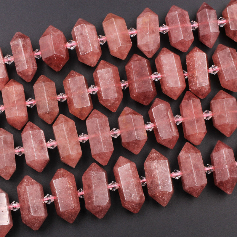 Natural Strawberry Lepidocrocite Quartz Faceted Double Terminated Point Center Drilled Short Focal Pendant Bead Pink Red Point 15.5" Strand