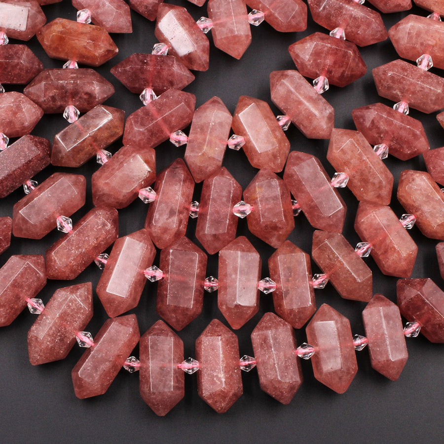Natural Strawberry Lepidocrocite Quartz Faceted Double Terminated Point Center Drilled Short Focal Pendant Bead Pink Red Point 15.5" Strand