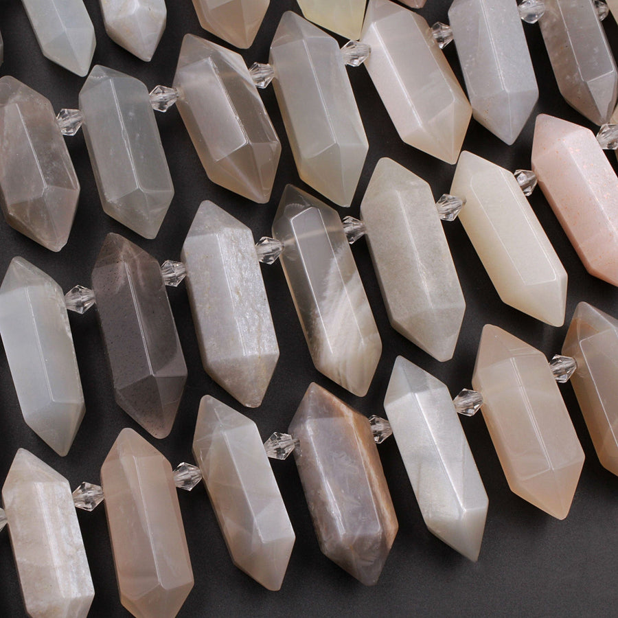 Natural Grey Peach Moonstone Faceted Double Terminated Point Bullet Bicone Top Drilled Focal Pendant Beads 16" Strand