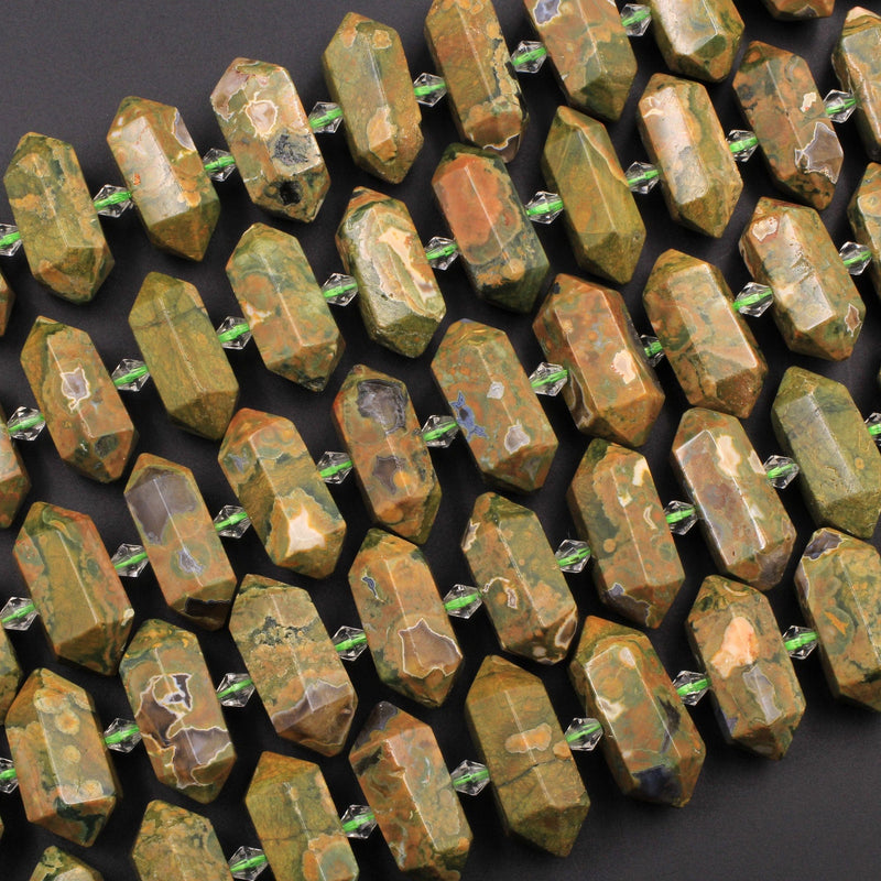 Natural Rainforest Rhyolite Jasper Faceted Double Terminated Pointed Tips Center Drilled Healing Focal Pendant Bead 16" Strand