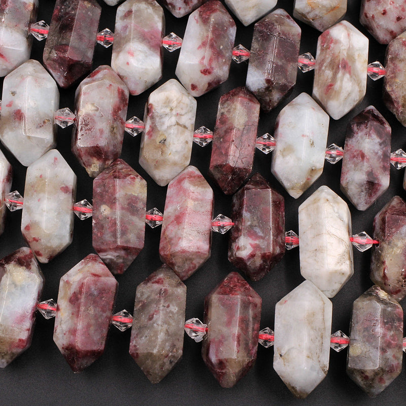 Natural Pink Tourmaline in Quartz Faceted Double Terminated Point Bullet Bicone Short Center Drilled Focal Pendant 16" Strand