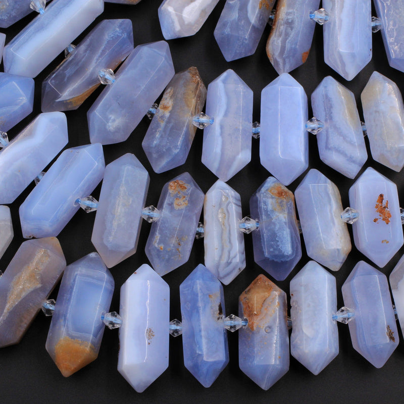 Natural Blue Chalcedony Faceted Double Terminated Points Center Drilled Focal Pendant Bead Bullet Bicone 16" Strand