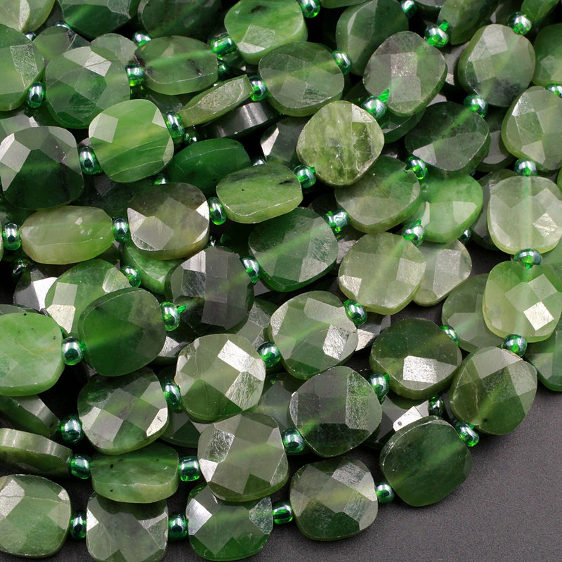 Natural Canadian Green Jade Faceted Square Coin Laser Diamond Cut Real Genuine Green Jade Sharp Facets Gemstone Beads 15.5" Strand