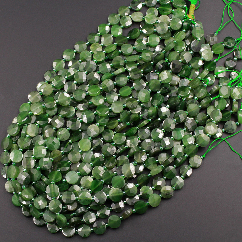 Natural Canadian Green Jade Faceted Coin Beads Flat Disc Laser Diamond Cut Real Genuine Green Jade Sharp Facets Gemstone 16" Strand