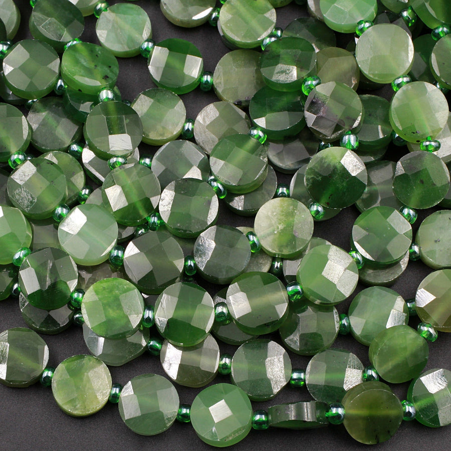 Natural Canadian Green Jade Faceted Coin Beads Flat Disc Laser Diamond Cut Real Genuine Green Jade Sharp Facets Gemstone 16" Strand