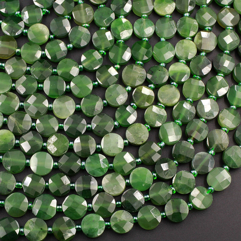 Natural Canadian Green Jade Faceted Coin Beads Flat Disc Laser Diamond Cut Real Genuine Green Jade Sharp Facets Gemstone 16" Strand
