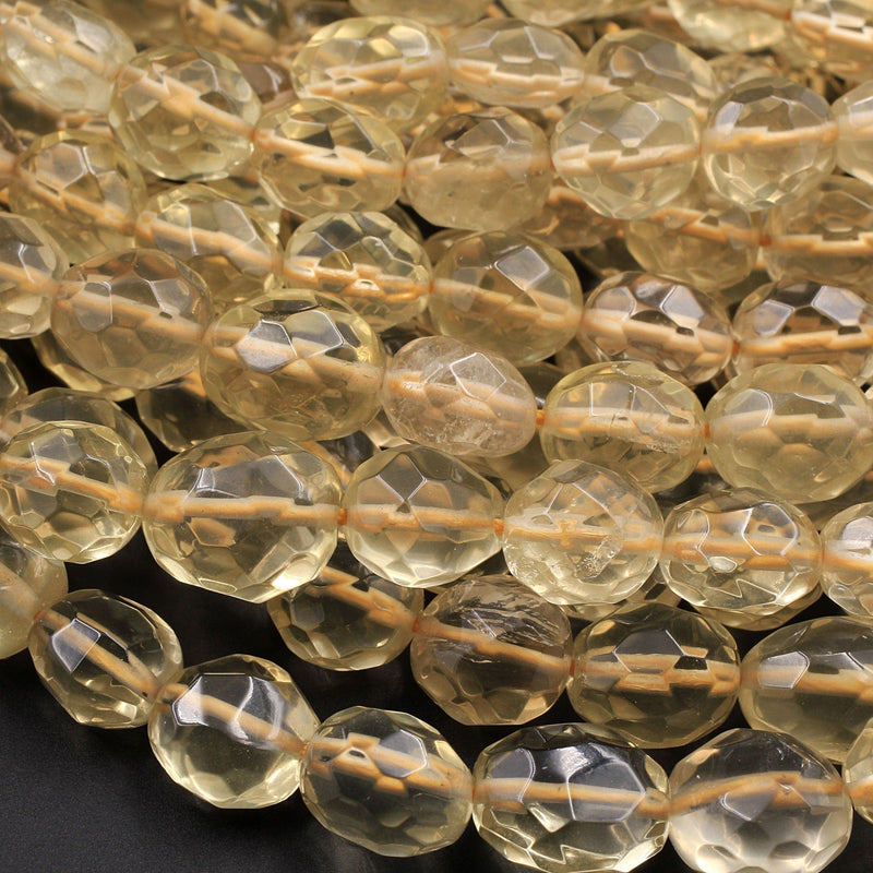 Natural Lemon Quartz Faceted Oval Puffy Egg Nugget Beads Yellow Gemstone Beads 15.5" Strand