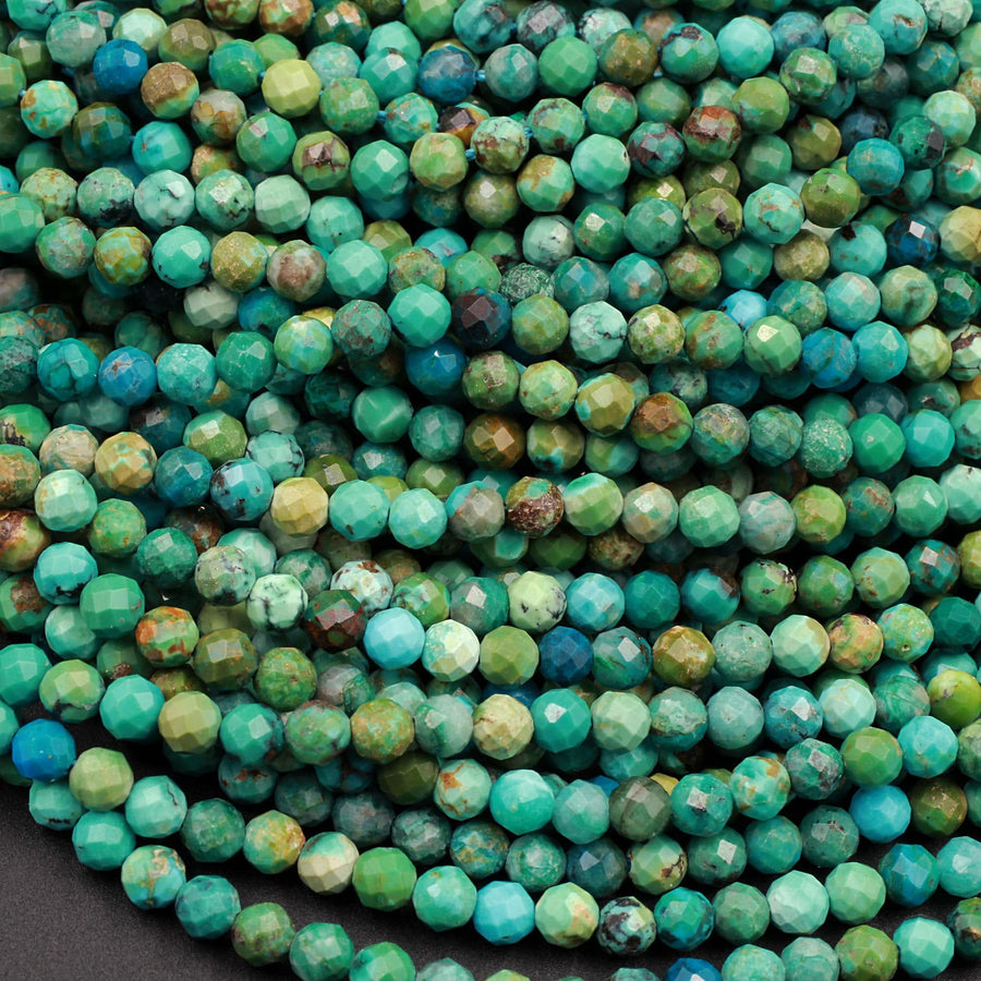 Natural Turquoise 3mm 4mm Faceted Round Beads Real Genuine Natural Blue Green Turquoise Micro Diamond Cut 15.5" Strand