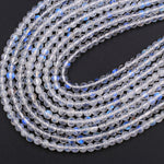 AAA+ Natural Rainbow Moonstone 4mm Round Beads Extra Blue Flashes Super Translucent Gemstone 15.5" Strand