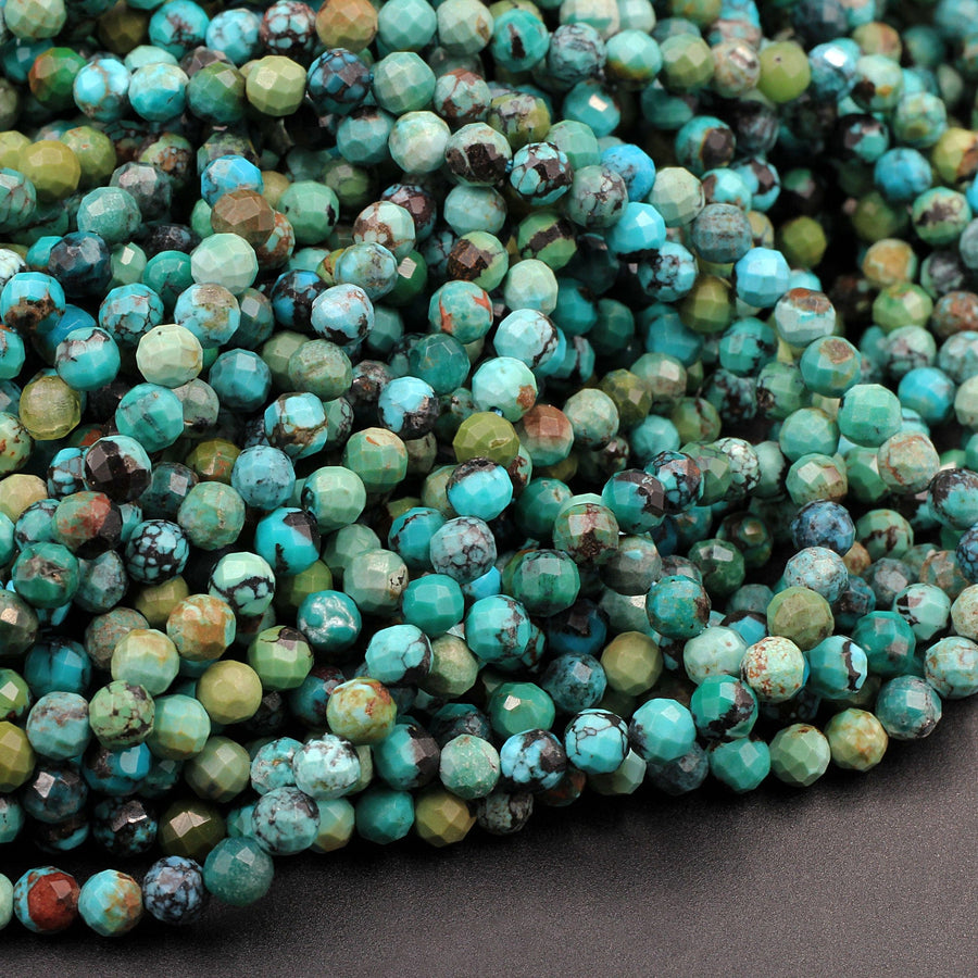 Natural Dragon Skin Turquoise Faceted 3mm 4mm Round Beads Real Genuine Natural Blue Green Turquoise Micro Faceted Diamond Cut 15.5" Strand