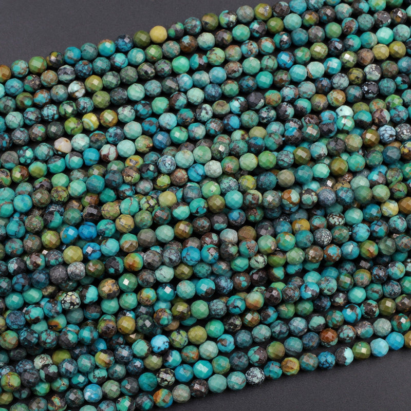 Natural Dragon Skin Turquoise Faceted 4mm Round Beads Real Genuine Natural Blue Green Brown Turquoise Micro Faceted Diamond Cut 16" Strand