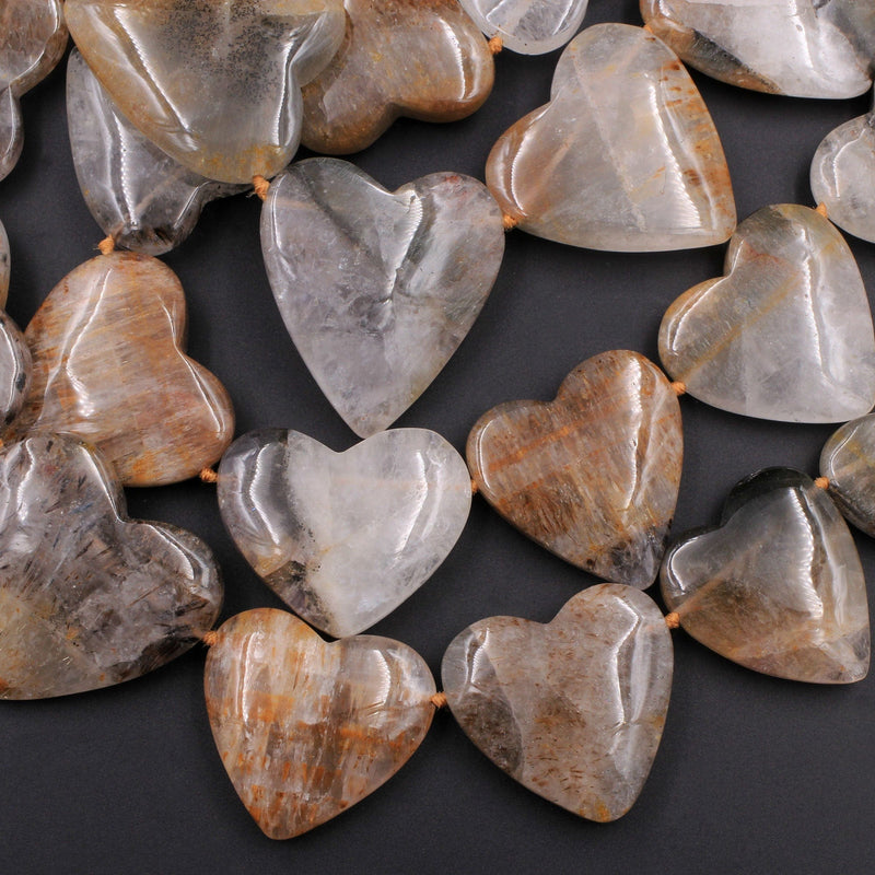 Rare Natural Cacoxenite in Quartz Beads Magnificent Large Heart Shaped Focal Pendant Top Side Drilled Gemstone 16" Strand