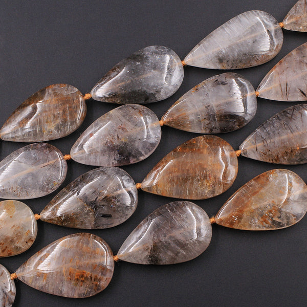 Rare Natural Cacoxenite in Quartz Beads Magnificent Large Teardrop Focal Pendant Center Drilled Gemstone Long 28" Strand
