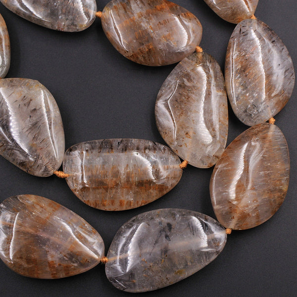 Rare Natural Cacoxenite in Quartz Beads Magnificent Large Freeform Oval Focal Pendant Center Drilled Gemstone Long 28" Strand