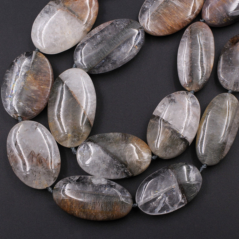 Rare Natural Cacoxenite in Quartz Beads Magnificent Large Freeform Oval Focal Pendant Center Drilled Gemstone Long 30" Strand