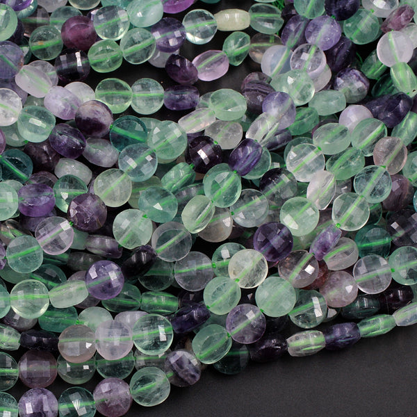 Faceted Natural Fluorite 8mm Coin Flat Disc Dazzling Facets Stunning Gemmy Green Purple Gemstone Diamond Cut Gemstone 15.5" Strand