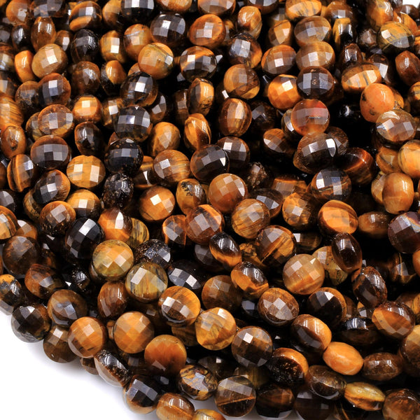 Micro Faceted Natural Golden Brown Tiger Eye 4mm Coin Beads Flat Disc Gemstone 15.5" Strand