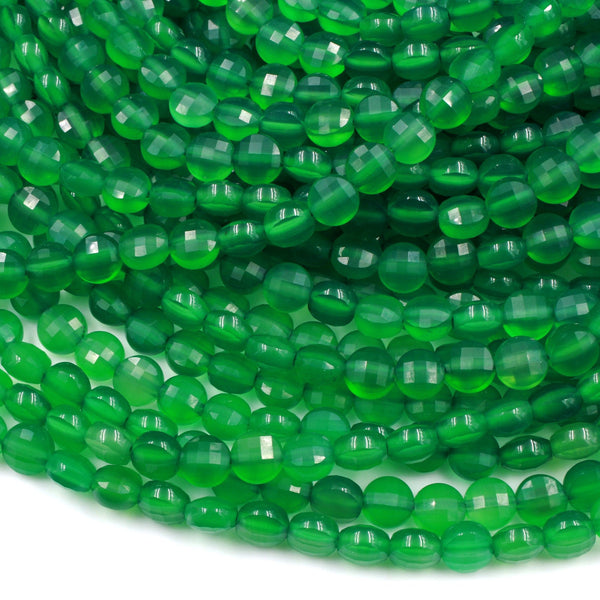 Micro Faceted Emerald Green Agate 6mm Coin Beads Flat Disc Gemstone 16" Strand
