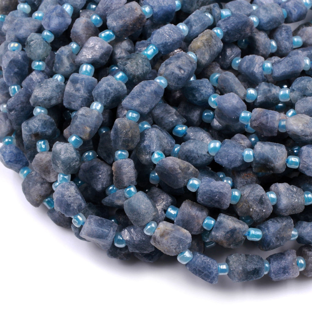 Rough Raw Natural Blue Sapphire Tube Nugget Beads Freeform Hand Hammered Real Genuine Blue Sapphire Gemstone Earthy Organic Cut 16" Strand