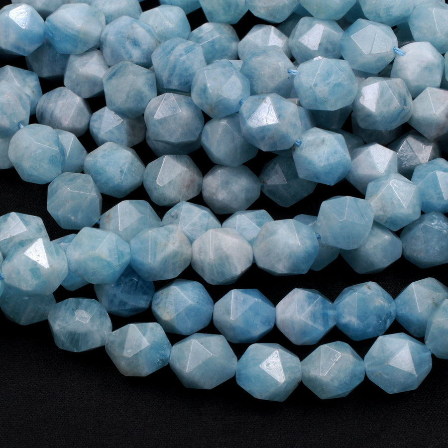 Geometric Cut Diamond Star Cut Genuine 100% Natural Aquamarine Large Faceted 12mm Round Beads Nugget Blue Gemstone 16" Strand