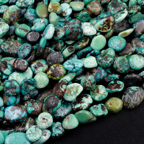 Genuine Natural Dragon Skin Turquoise Flat Slice Nugget Beads Freeform Real Blue Green Turquoise Pebble Beads 16" Strand
