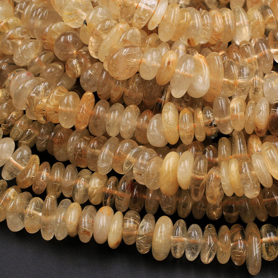 Large Natural Golden Rutile Quartz Freeform Rondelle Beads Gold Yellow Rutilated Quartz Tons of Sharp Rutile Hair Needle 16" Strand