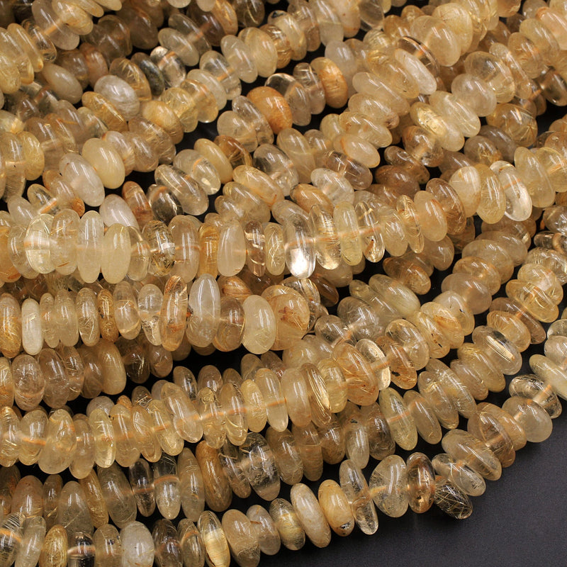 Large Natural Golden Rutile Quartz Freeform Rondelle Beads Gold Yellow Rutilated Quartz Tons of Sharp Rutile Hair Needle 16" Strand