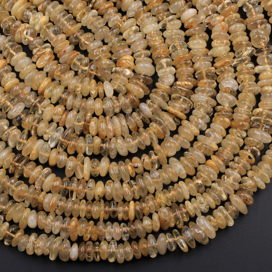 Large Natural Golden Rutile Quartz Freeform Rondelle Beads Gold Yellow Rutilated Quartz Tons of Sharp Rutile Hair Needle 16" Strand
