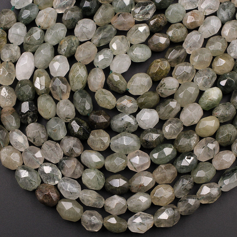 Natural Phantom Quartz Freeform Faceted Barrel Egg Drum Oval Nugget Beads Green Rutile Clear Crystal Quartz Rutile 16" Strand