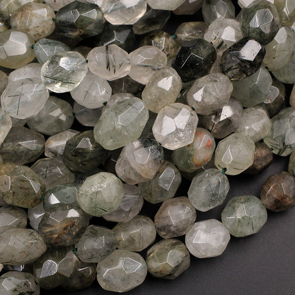 Natural Phantom Quartz Freeform Faceted Barrel Egg Drum Oval Nugget Beads Green Rutile Clear Crystal Quartz Rutile 16" Strand
