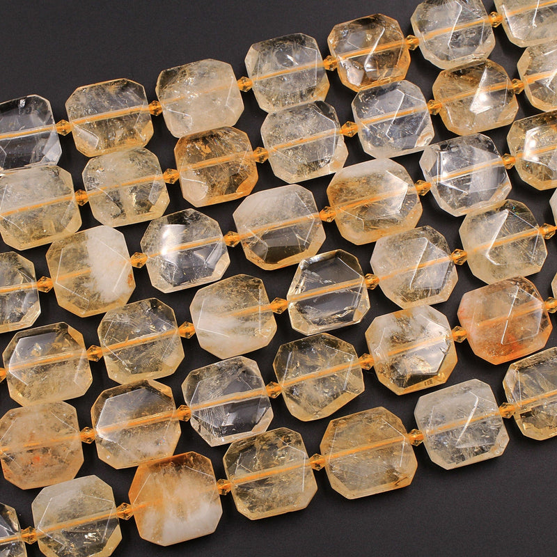 Natural Golden Citrine Square Faceted Octagon Beads Geometric Cut Large Center Drilled Cushion Citrine Gemstone Super Gemmy 16" Strand